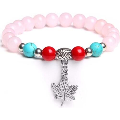FYJS Unique Silver Plated Maple Leaves Connect Rose Pink Quartz Stretchy Bracelet Blue Crystal Jewelry