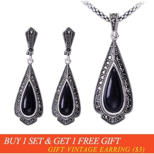 Ajojewel Brand Vintage Black Jewelry Sets For Women Water Drop Pendant Necklaces Earrings Set With Rhinestones