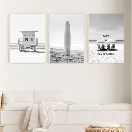 Fashion Paris Style Canvas Painting Wall Pictures Surfboard Lifeguard Posters and Prints Black White Living Room Wall Art Decor