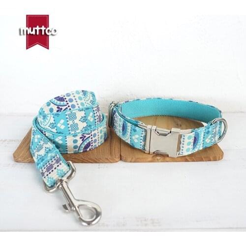 MUTTCO retailing handmade high quality collar fashionable Sapphire THE FOLK BLUE dog collars and leashes set 5 sizes UDC023