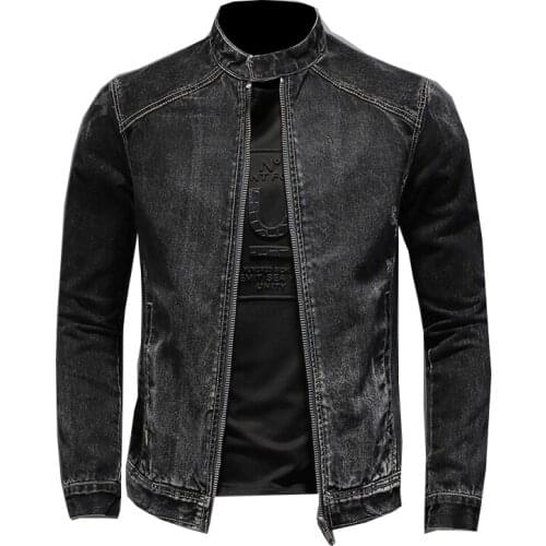 Mens black denim jacket motorcycle jacket casual retro slim streetwear spring and autumn