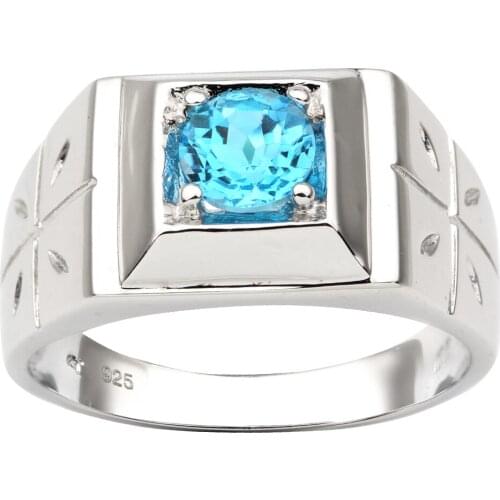 Natural Blue Topaz Men Ring Cross 925 Sterling Silver 6mm Gemstone December Birthstone Birthday Gift R510BTN