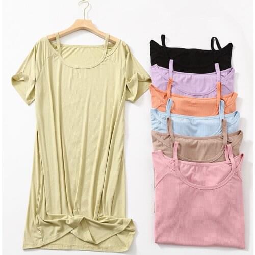 Fresh Candy Color Nightgowns For Women New Sexy Sling Short Sleeve Sleepwear Dress Modal Night Shirt Breathable Home Clothes