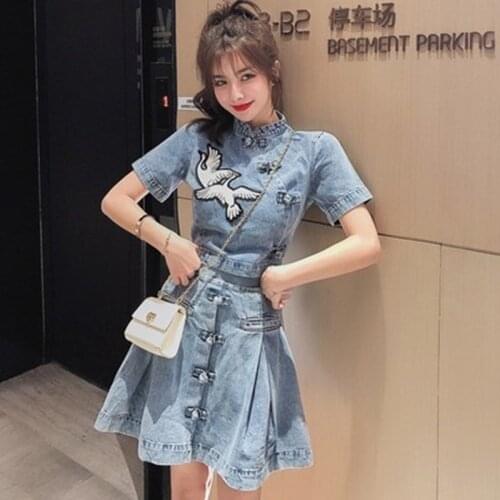 New Arrival 2020 Summer Denim Women Vintage Embroidery Tops Short Sleeve Mini Skirt Set Casual 2 Piece Set