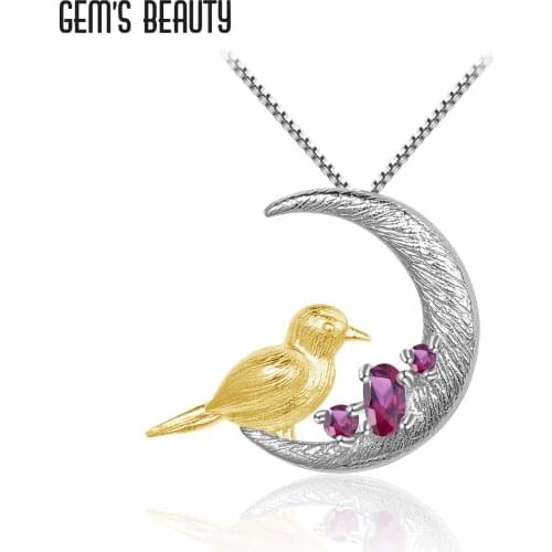 GEMS BEAUTY 925 Sterling Silver Necklace For Women Moon 18K Gold Filling Bird Natural Oval Rhodolite Handmade Necklace