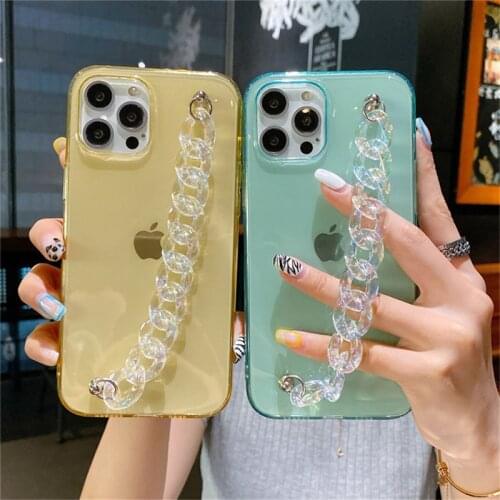 Luxury Wrist Strap Chain Clear Phone Case For iPhone 12 Pro Mini 11 Pro X XR XS Max 7 8 Plus SE 2020 Solid Color Soft TPU Cover