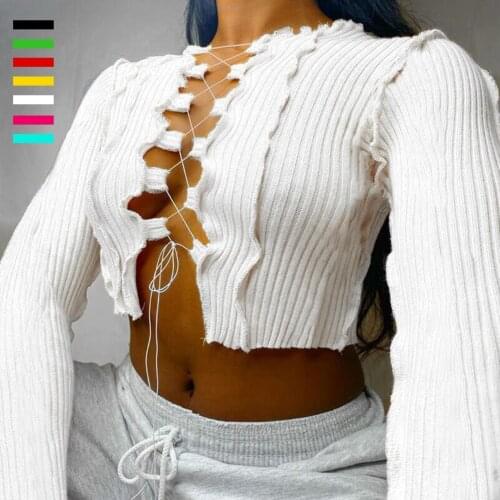 Sexy Women Long Sleeve Hollow Out Bandage Crop Top Ribbed Knit T-shirt for club, party, streetwear