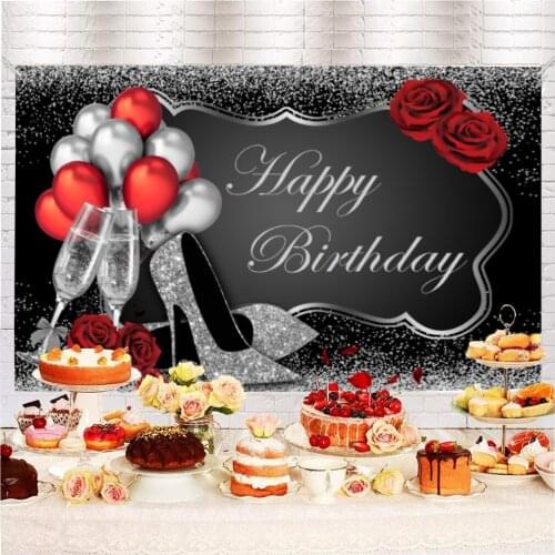 Silver and Black Happy Birthday Photography Backdrop Glitter Sequin High Heels Champagne Glasses Red Rose Women Party Background