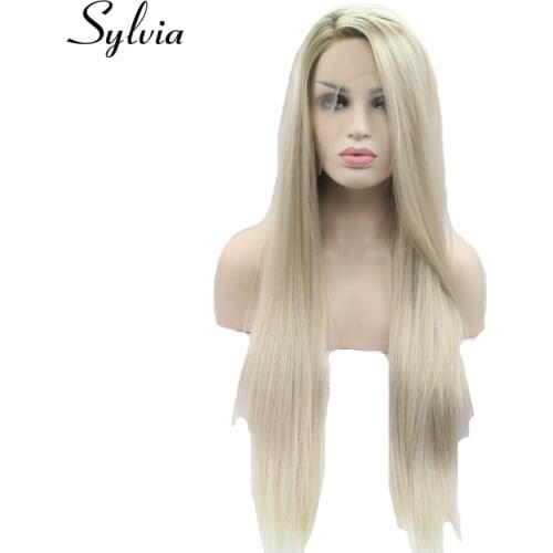 Sylvia Brown/Blonde Ombre Synthetic Lace Front Wig Long Silky Straight Wigs with Brown Roots Side Parting Heat Resistant Fiber