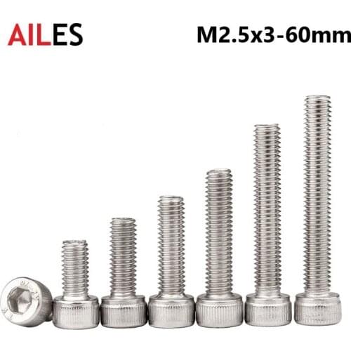 M2.5 A2-70 304 Stainless Steel Allen Hexagon Hex Socket Cap Head Screws Bolt DIN912 M2.x3 4 5 6 7 8 10 12 30 35 40 45 50 55 60mm