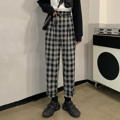Womens Pants Punk Harajuku Ulzzang 2020 New Korean High Waist Slimming Plaid Casual Carrot Button