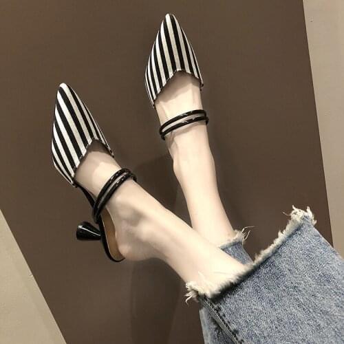 Women slipper Pointed Toe Zebra Stripe Half Scuff Mules Slides Hollow Out mid Heels Sandals Casual Feminine Slippers Shoe