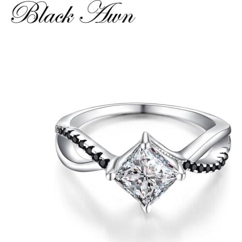BLACK AWN 2020 Genuine 100% Sterling 925 Silver Jewelry Square Engagement Rings for Women Black&White Stone Bague Bijoux C260