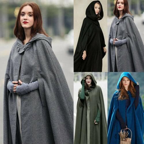 Winter Long Cape Women Warm Robe Wool Hooded Cloak Jacket Windproof Poncho Coat Costume