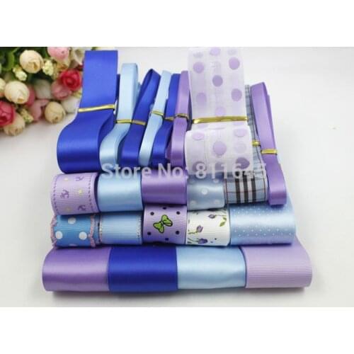 25 yards fashion Blue and Purple series satin / grosgrain/ organza / cotton lace ribbon DIY ribbons set bow material accessory