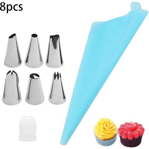 8PCS/bag Silicone Icing Piping Cream Pastry Bag + 6 Stainless Steel Cake Nozzle DIY Cake Decorating Tips Fondant Pastry Tools