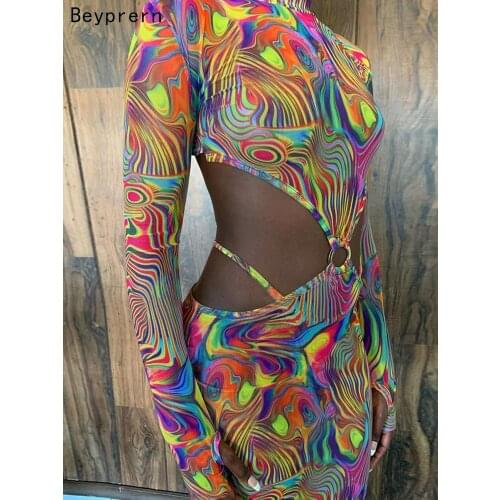 Beyprern Sexy Backless Printed Sheer Mesh Mini Dresses 2021 Spring Long Sleeve Hollow Out Party Midnight Dresses Rave Outfits