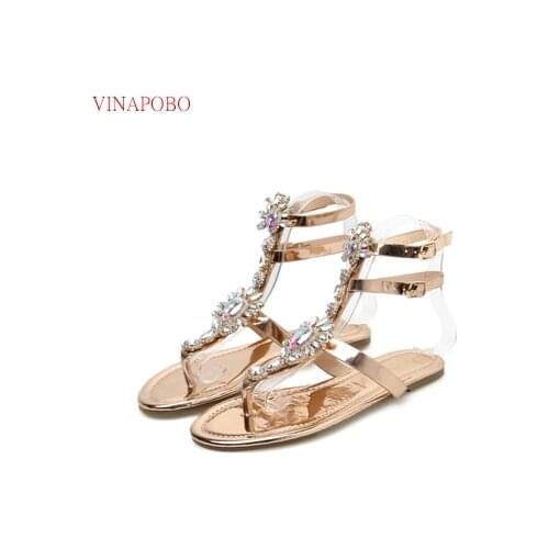 Vinapobo Bohemia Rhinestones Chains woman Sandal New arrival Flat Crystal Flip Flops women' s sandals with jewels chaussures fem