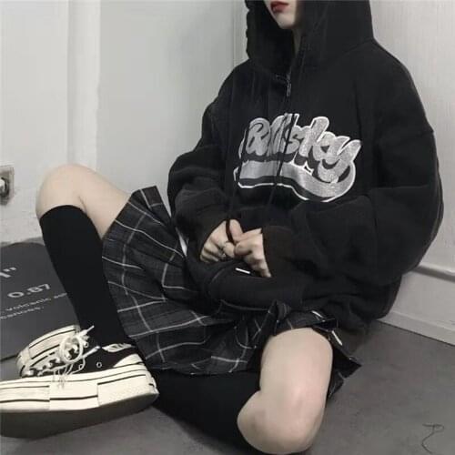 Black Letter Print Pocket Drawstring Hoodie Punk Gothic Zip Up Hoodie Men Plus Size Punk Autumn Women Hip Hop Thin Fashion Tops