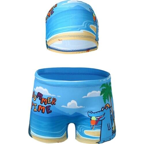 Kids Boys Cartoon Trunks Stretchy Elastic Waistband Shorts and Hat Set Children Swim Shorts Beach Pool Swimming Bathing Suit