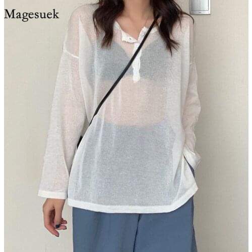 Korean Sunscreen Knitted Blouse Women Fashion Long Sleeve White Bottoming Tops Loose Crop Tops Pullover Womens Thin Shirt 13484