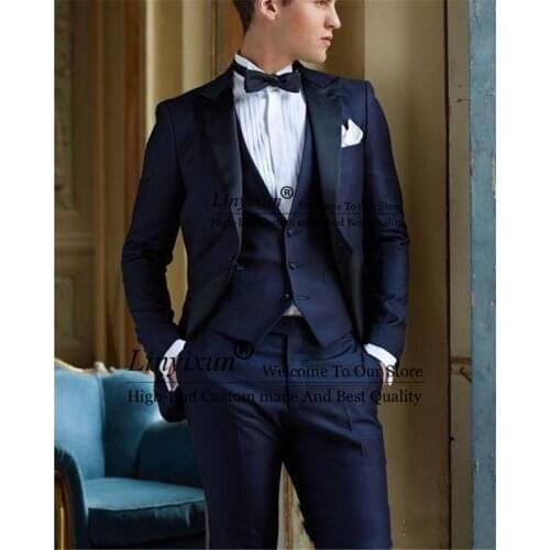 Navy Blue Italian Wedding Tuxedos For Man Formal Slim Fit Men Suits Groom Wear 3 Pieces Men Blazer Set (Jacket Vest+Pants)