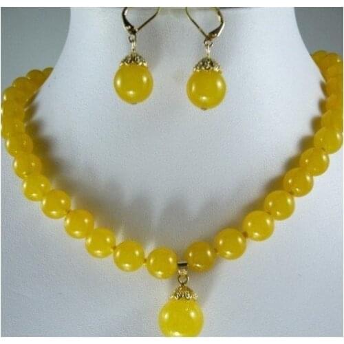 Beautiful natural 10mm yellow jade necklace 18"earring set