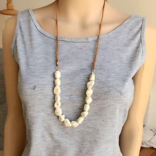 Fashion White Stone Pendant Necklace Irregular Brown Rope Collier Mujer