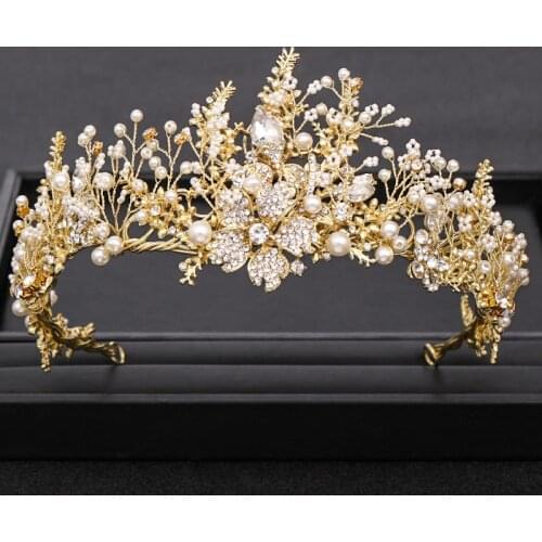 Trendy Handmade Queen Gold Wedding Tiara Pearl Crystal Flower Bridal Crown Hair Jewelry Headpiece Wedding Hair Accessories