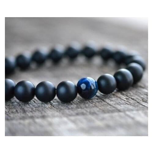 Men Womens 8mm Blue Tiger Eye & Matte Onyx Gemstone Beads Yoga Beaded Bracelet