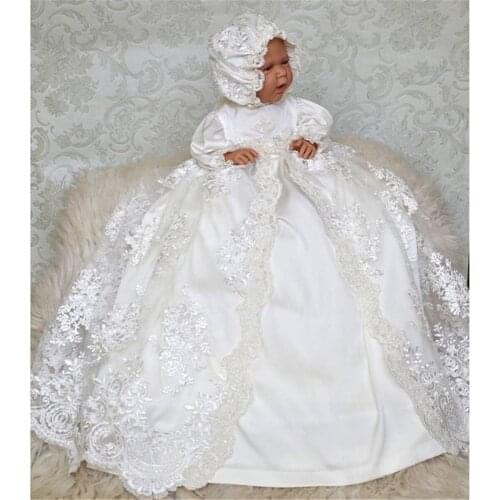 New Baby Infant Dress White Ivory Baby Girls Christening Gown Lace Tulle Long Baptism Dress with Headband Toddler Gown