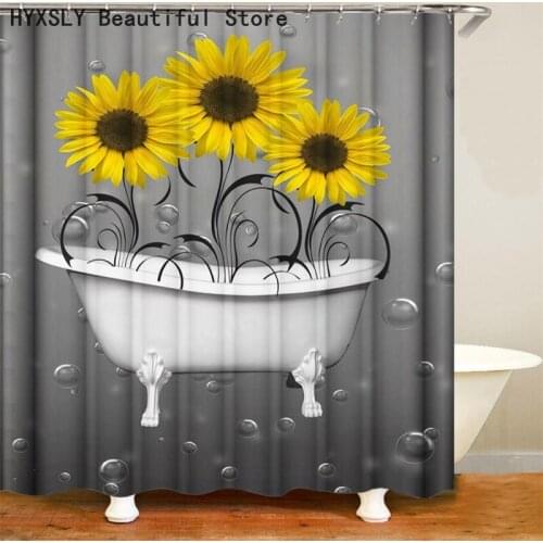 Sunflowers In Bathtub Grey Shower Curtain Printed Bathroom Decor Waterproof Polyester Cloth Hanging Cover Screen Set with Hooks