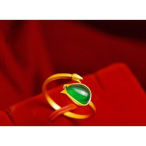 Vintage Green Stone Rose Flower Shaped Ring 18K Gold Womens Opening Rings Adjustable