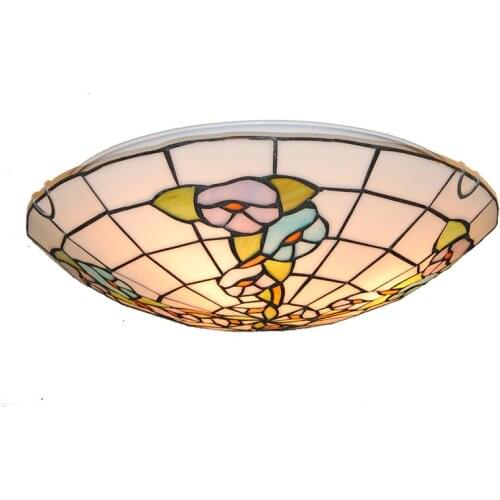 Tiffany Baroque Style Flower Pattern Flush Mount Ceiling Lights 16 Inch Vintage Stained Glass Dining Room Fixture Lighting CL283