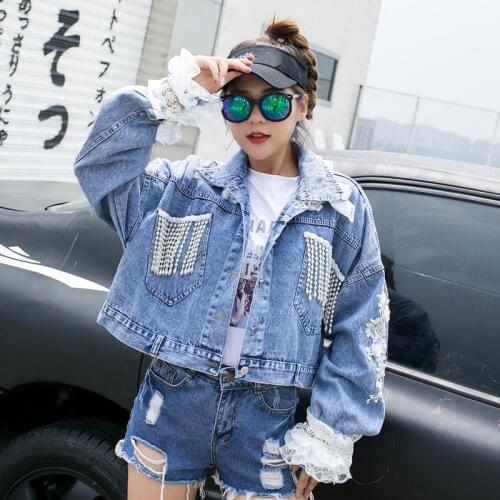 Spring And Autumn Loose Lace Embroidery Denim Jacket Pearls Tassel Beads Womens Top Long Sleeve All-Matching Jean Short Coats