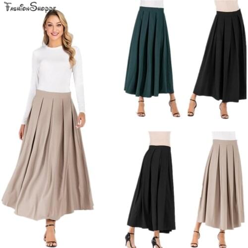 Women Flared Long Skater Circle Skirt Ladies Office Work Muslim High Waist Maxi Skirt Fashion Bottoms Draped Style Pleated
