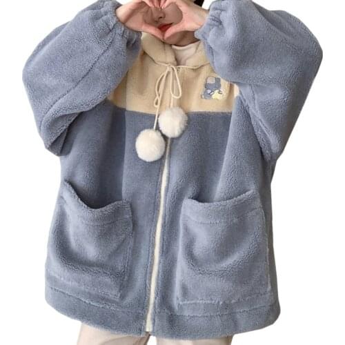 ZuoLunOuBa 2021 Winter Casual Warm Women Hoody Lamb Wool Sweatshirt Contrast Embroidery Cartoon Rabbit Harajuku Pullover Female