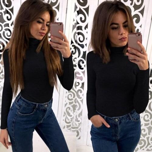 Women Spring Autumn T-shirt Solid Color Turtleneck Long Sleeve Pullover Top Bodycon Tunic Casual Tee Top