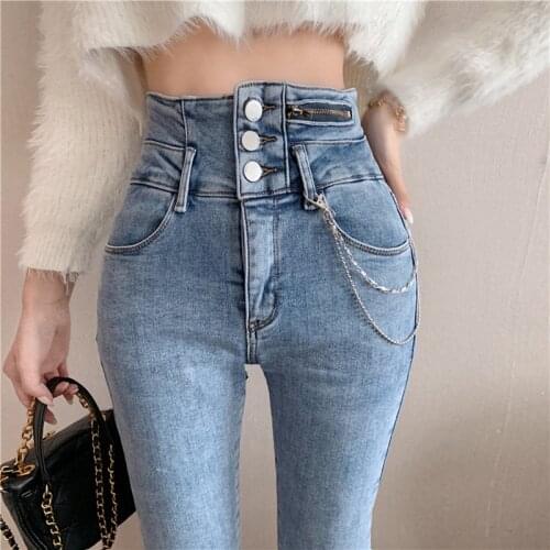 Real shot womens slim-fit pencil jeans 2021 new retro fashion design high-waist two-button straight-leg jeans