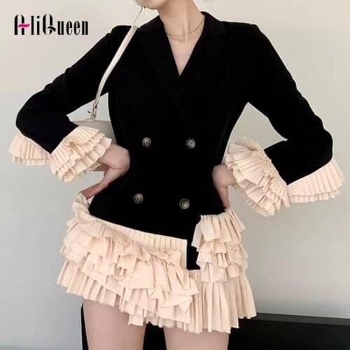 Spring Women Notched Collar Sweet Patchwork Ruffles Blazer Suit Coat Long-sleeved Double Breasted Loose Ladies Outerwear Tops