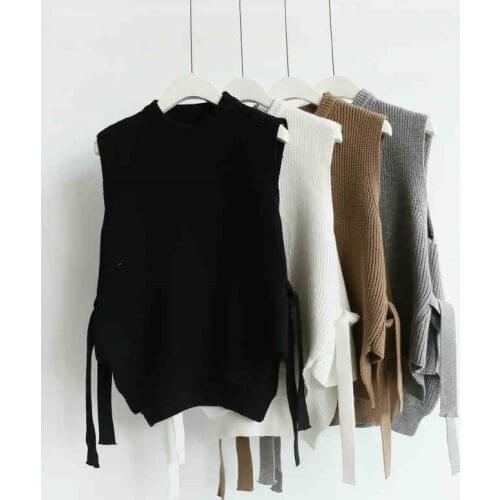 Autumn Winter Vintage Women Knitted Vest Sweater Pullovers Top Tie Bow Split Crochet Short Jumper Sleeveless Oversize Waistcoat