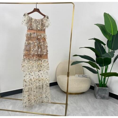 2021 New Summer Women Fashion A-line Floral Embroidery Sequins Mid-calf Dresses High Quality
