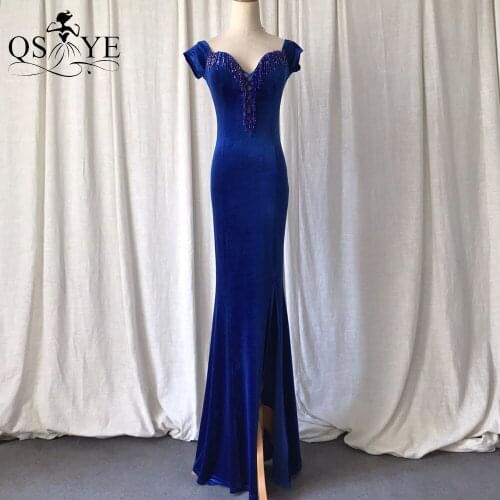 Royal Velvet Evening Dress Stretch Long Mermaid Off Shoulder Prom Gown Crystal Beading Party Dress Side Sleeves Fit Formal Gown