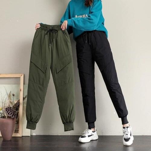 Winter Pants For Women Big pocket Cotton Down Padded Pencil Pants Office Lady Slim Fit Elastic Waist Down Warm Trousers