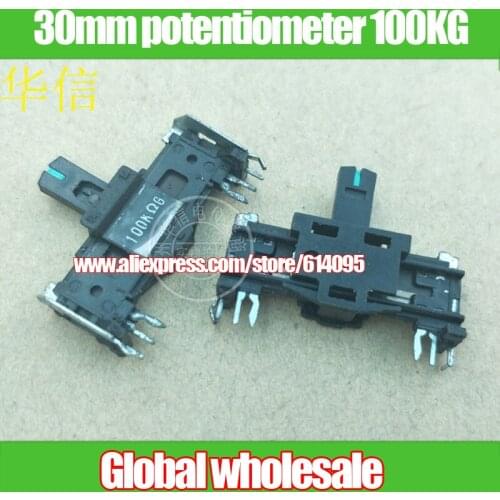 10pcs 30mm straight slip potentiometer 100KG / G100K fader with midpoint handle length 10MM green point