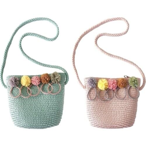2pcs Girls Shoulder Bag Straw Rattan Weave Crossbody Bag for Baby Girls Best - Pink & Green