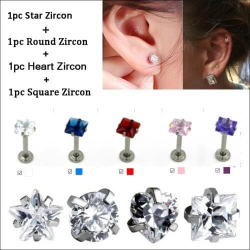 Lot of 4pcs 316l Surgical Steel With Star&Round&Heart&Square Zircon Labret Stud Lip Ring Ear Cartilage Tragus Piercing Jewelry