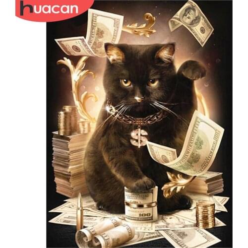 HUACAN Full Square Diamond Painting Black Cat Money 5D Diamond Embroidery Animal Diamond Mosaic Art Rhinestone Decor For Home