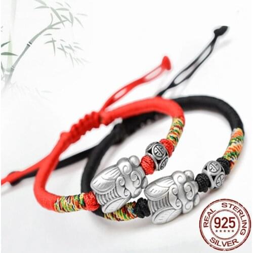 Real 999 Sterling Silver Cicada Lucky Beads Charms Handmade Woven Rope Knot Bracelet Fine Jewel Vintage Trendy Fine Jewelry Gift