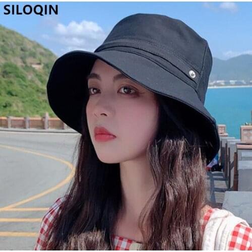 SILOQIN Korean Style Elegant Womens Panama Bucket Hat NEW Summer Simple Casual Tourist Beach Hat Foldable Women Cotton Flat Cap